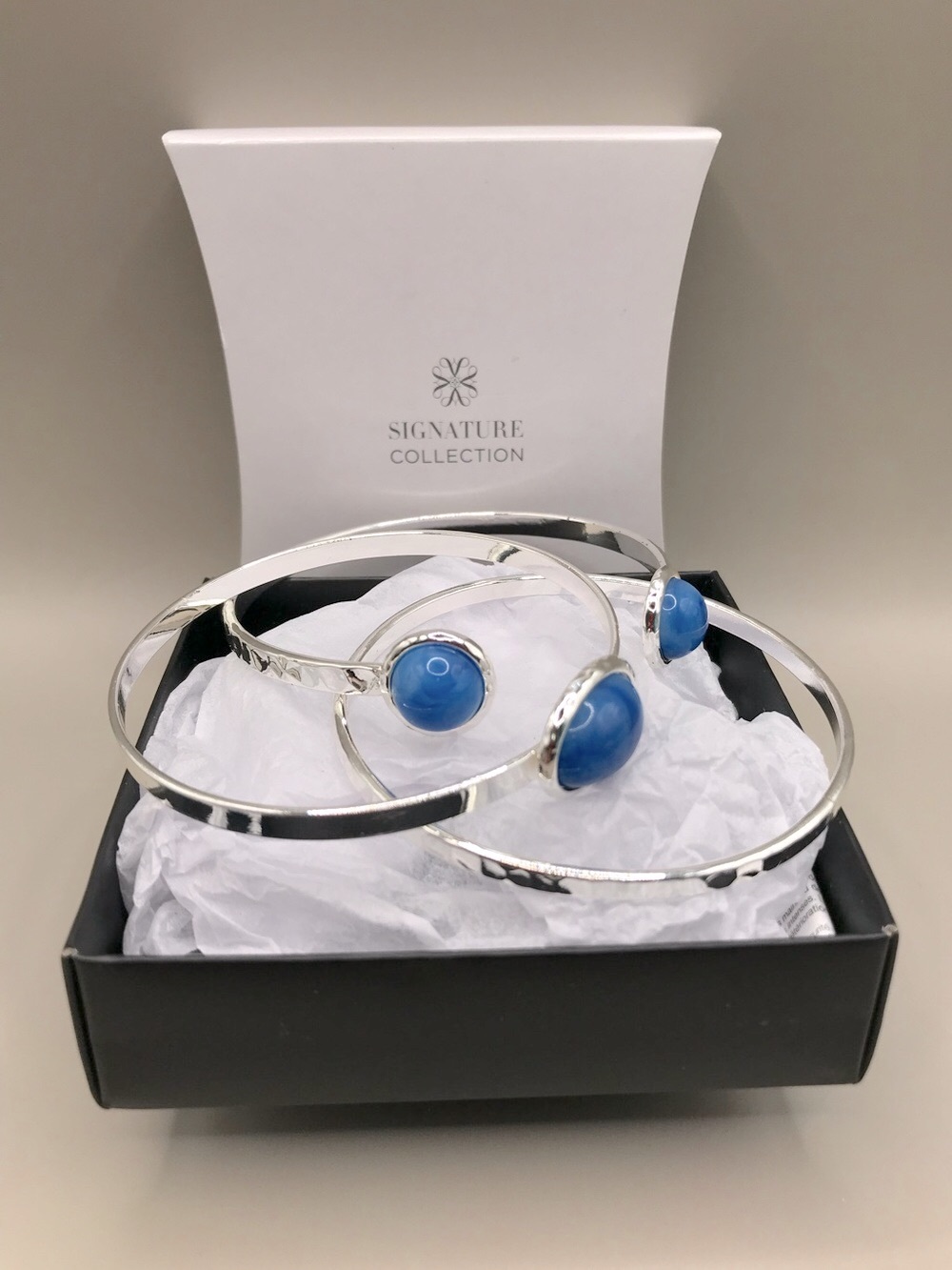 Avon Signature Collection 3 Silver-Tone Bangle Bracelets with Blue Stone